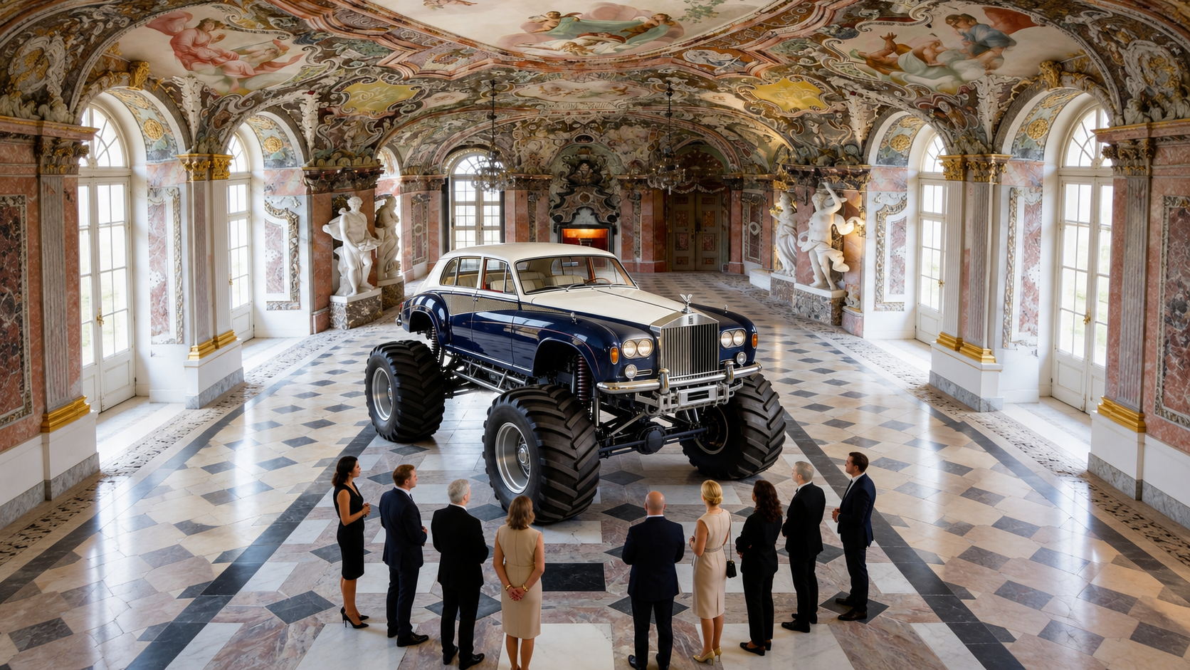 Conceptual Rolls-Royce luxury saloon elevated on a monumental off-road chassis inside an ornate European palace